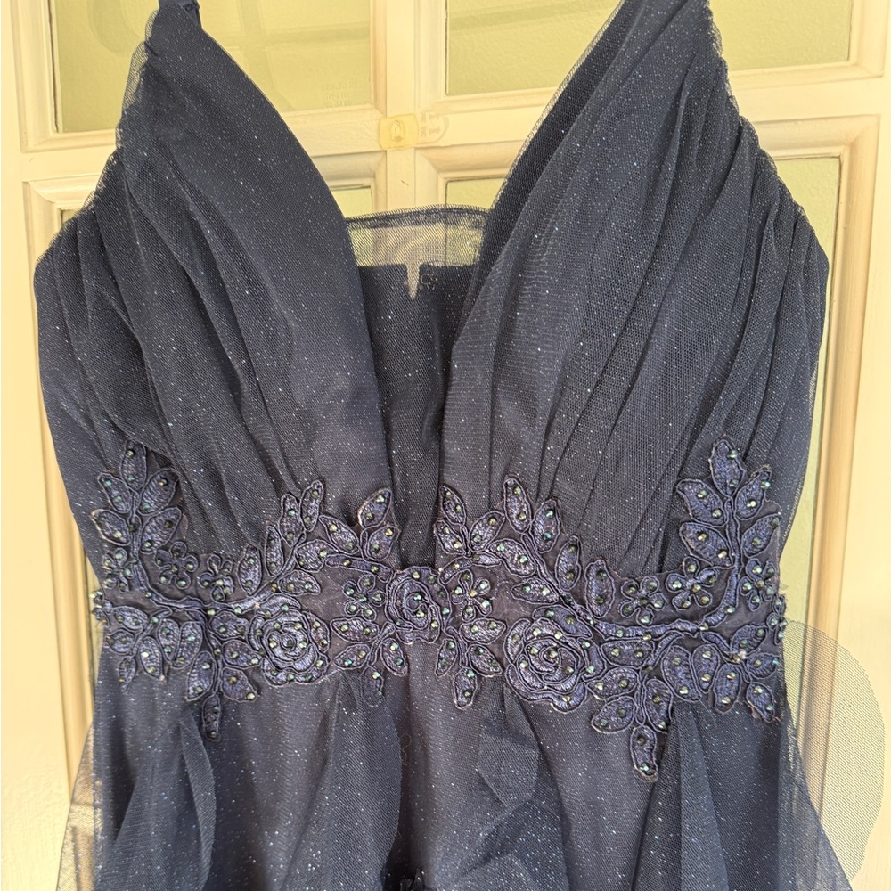 Elegant Navy Blue Ruffled Dress sz 3/4 or Small - Picture 2 of 5